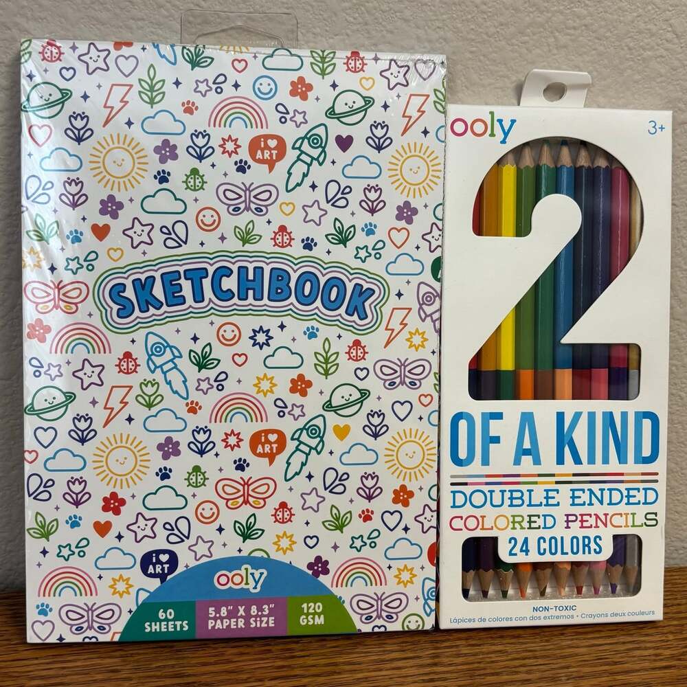 OOLY Colorful Doodles Sketchbook & 2 of a Kind Double-Ended Pencils New